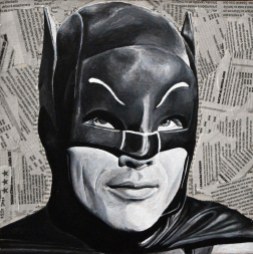Adam West es “Batman” en la serie del canal ABC (1966-1968) 25x25 cm. Acrílico y collage sobre tabla. VENDIDO