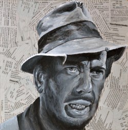 Humphrey Bogart es Fred Dobbs en “El tesoro de Sierra Madre”/ “The Treasure of the Sierra Madre”(de John Huston, 1948) 25x25 cm. Acrílico y collage sobre tabla. DISPONIBLE