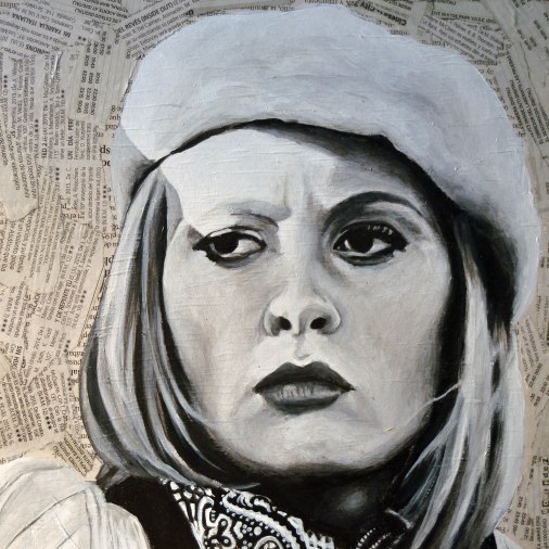 Faye Dunaway es Bonnie en "Bonnie and Clyde" (de Arthur Penn, 1967) 25x25 cm. Acrílico y collage sobre tabla. VENDIDO
