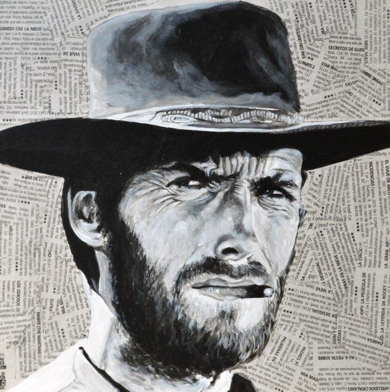 Clint Eastwood es Joe en “Per un pugno di dollari”/ “Por un puñado de dólares”. Sergio Leone. 1964 25x25 cm. Acrílico y collage sobre tabla. VENDIDO