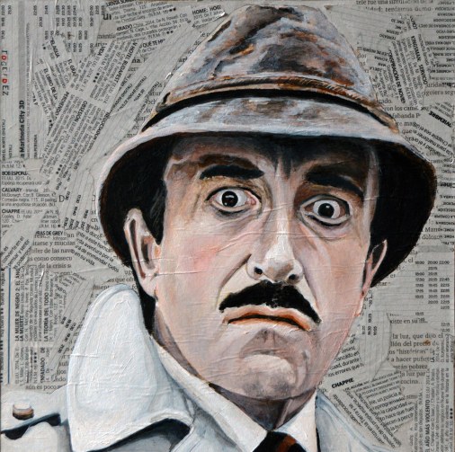 Peter Sellers es el Inspector Jefe Jacques Clouseau en la saga La Pantera Rosa. Blake Edwars 25x25 cm. Acrílico y collage sobre tabla. VENDIDO