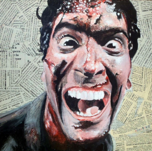 Bruce Campbell es Ashley Ásh´J. Williams en “Evil Dead”/”Posesión Infernal”. Sam Raimi.1981 25x25 cm. Acrílico y collage sobre tabla. VENDIDO