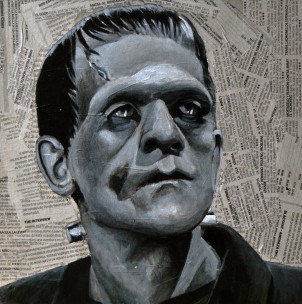 Boris Karloff es Frankenstein en "El doctor Frankenstein"/ "Frankenstein". James Whale. 1931 25x25 cm. Acrílico y collage sobre tabla. VENDIDO