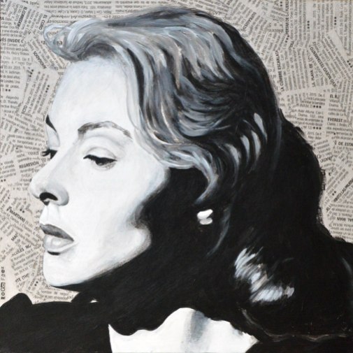 Ingrid Bergman es Karen en “Stromboli”.￼ Roberto Rosellini. 1950 25x25 cm. Acrílico y collage sobre tabla. DISPONIBLE ￼￼