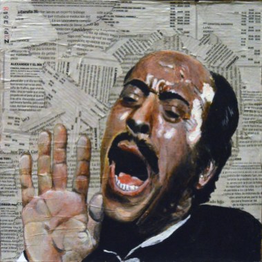 Jose Luis López Vázquez en "La cabina" Antonio Mercero.1972 25x25 cm. Acrílico y collage sobre tabla. VENDIDO