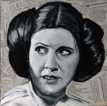 Carrie Fisher es la Princesa Leia en la saga "Star Wars" George Lucas. 1977-1983 25x25 cm. Acrílico y collage sobre tabla. VENDIDO