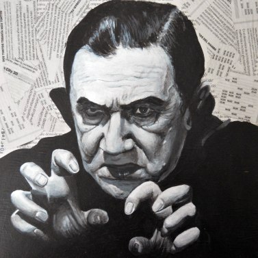 Béla Lugosi (20 de octubre ó 29 de octubre de 1882 - 16 de agosto de 1956).caracterizado como Drácula en una fotografía de estudio. 25x25 cm. Acrílico y collage sobre tabla. VENDIDO