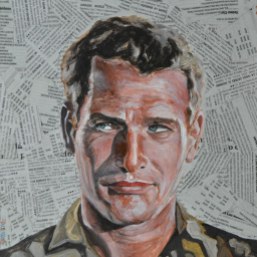 Paul Newman es Luke en “Cool Hand Luke”/”La leyenda del indomable”. Stuar Rosenberg. 1967 25x25 cm. Acrílico y collage sobre tabla. VENDIDO