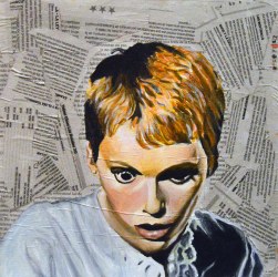 Mia Farrow es Rosemary Woodhouse en "Rosemary´s Baby"/ "La semilla del Diablo". Roman Polanski.1968 25x25 cm. Acrílico y collage sobre tabla. VENDIDO